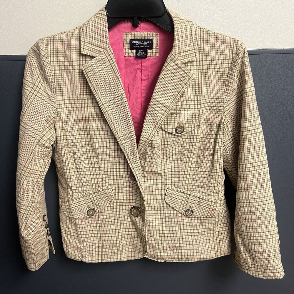 American Eagle Women's Brown & Pink Plaid 2 Button Blazer Size Small‎